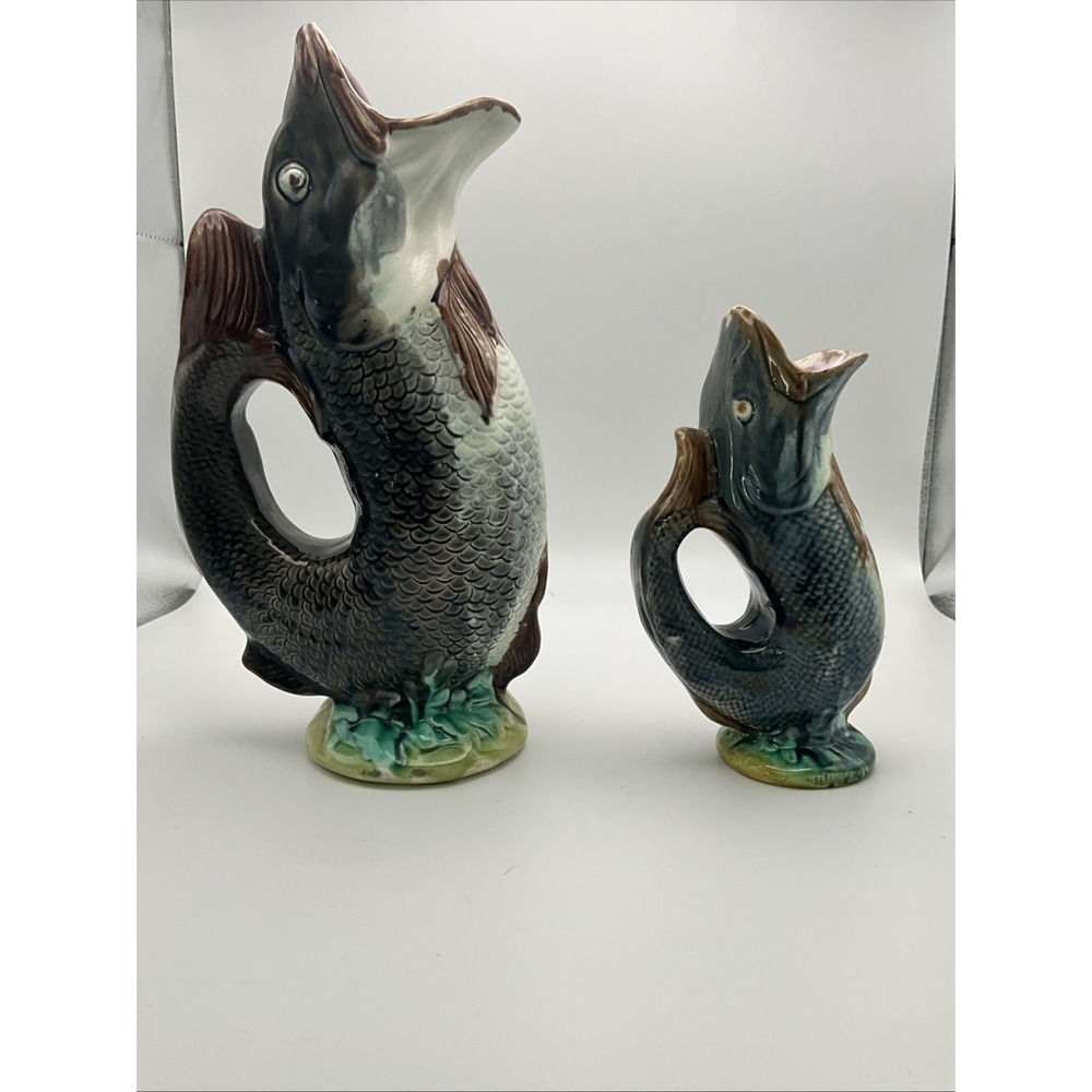 Antique English Victorian Majolica Gurgling Fish Pitcher Jug Pair 12" 6"